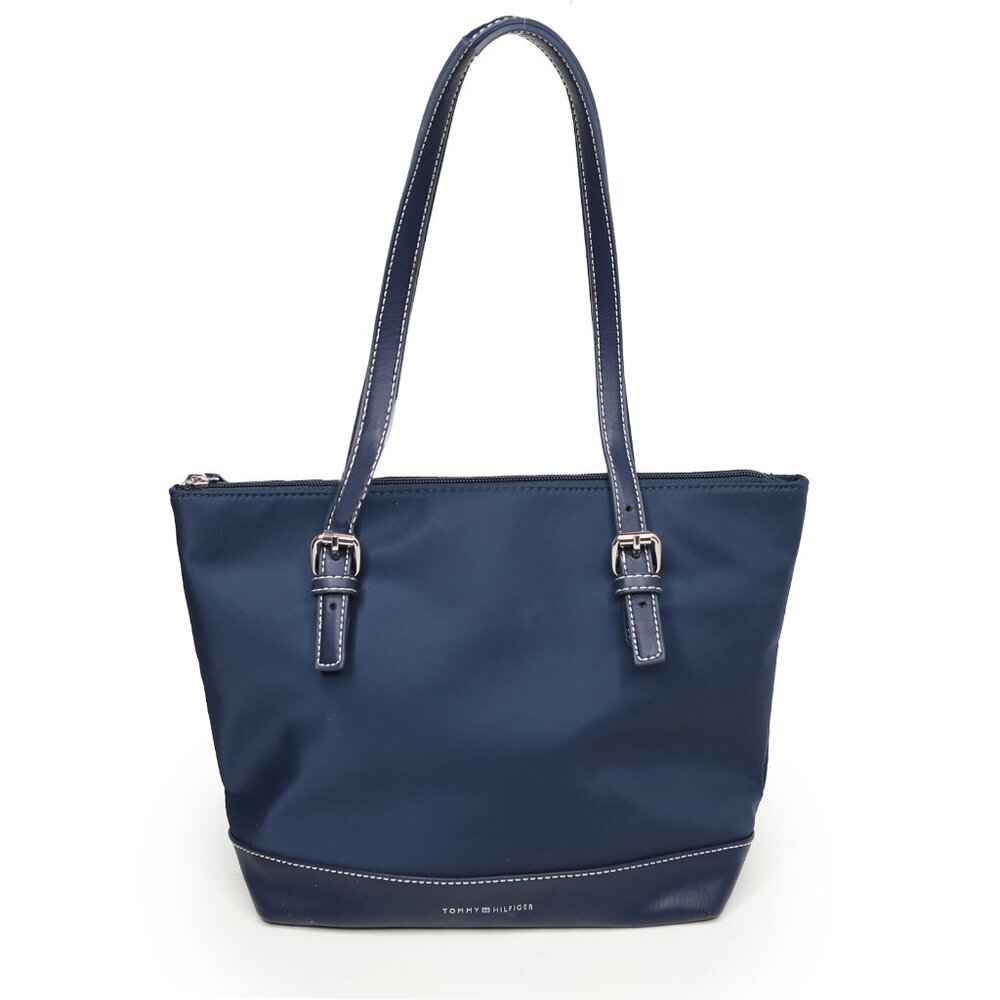 Tommy Hilfiger Navy Blue Nylon Faux Leather Tote Shoulder Bag Purse Classic